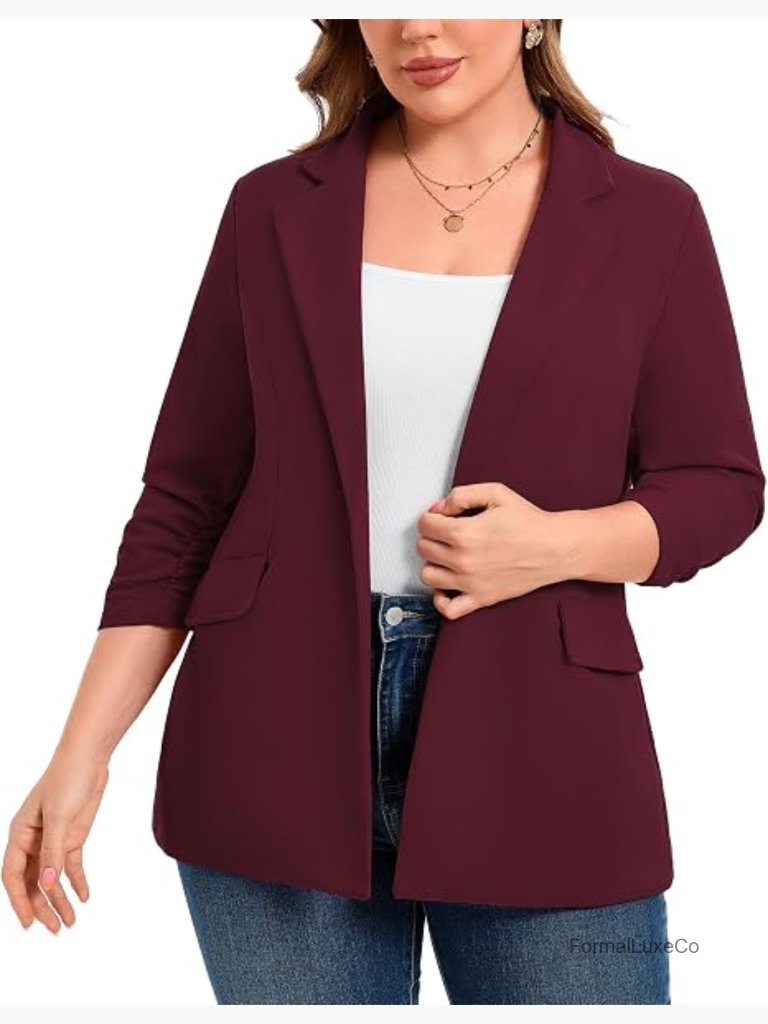 Plus Size Open Front Blazer 3/4 Sleeve Notched Lapel With Pockets